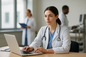Médica interna en Alemania durante práctica clínica hospitalaria, parte del proceso de especialización médica para extranjeros.