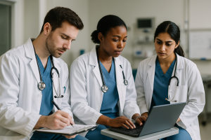 Estudiantes de medicina con computador en homologacion de titulo medico alemania