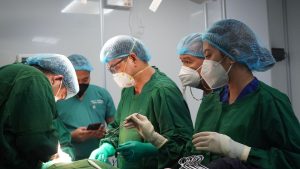 Equipo médico en quirófano realizando una intervención quirúrgica, representando especialidades médicas en Alemania