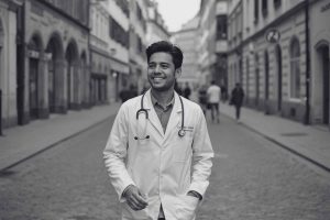 Médico extranjero caminando por una ciudad alemana, representando la adaptación a la vida cotidiana fuera del hospital