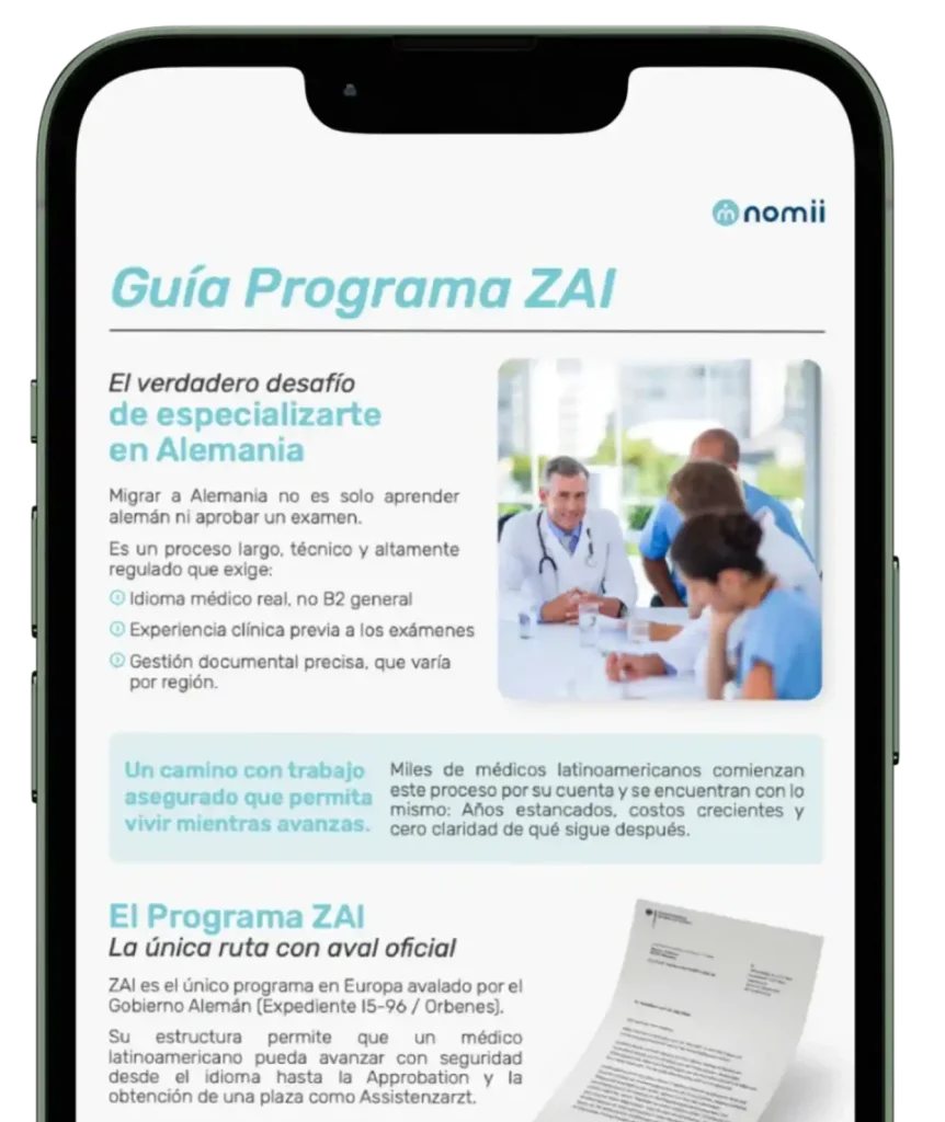 Teléfono móvil mostrando la Guía del Programa ZAI para comenzar la especialización médica en Alemania de forma segura y acompañada