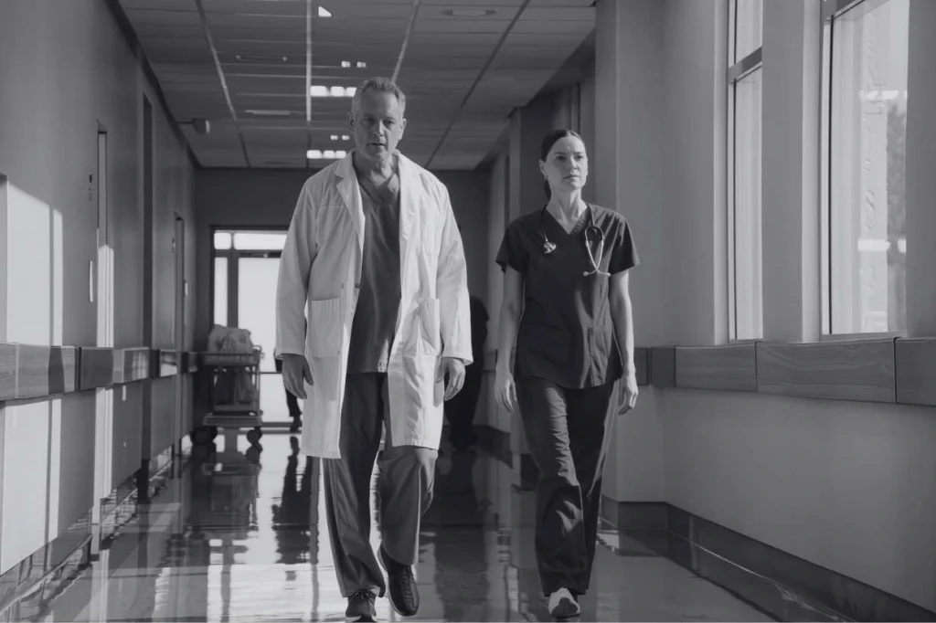 Médico y médica caminando por pasillo de hospital en Alemania