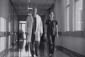 Médico y médica caminando por pasillo de hospital en Alemania
