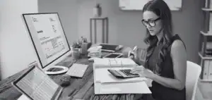 Mujer con gafas usa una calculadora frente a documentos y un monitor con una factura en un escritorio de oficina, en blanco y negro