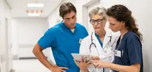 Médica sénior junto a su equipo de enfermería revisando la historia clínica de un paciente en el pasillo de un hospital